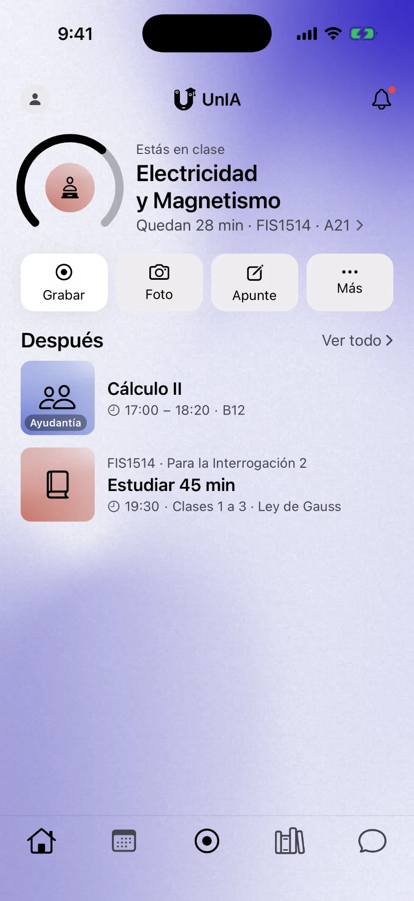 Pantalla Hoy de UnIA: clase en curso y próximas clases