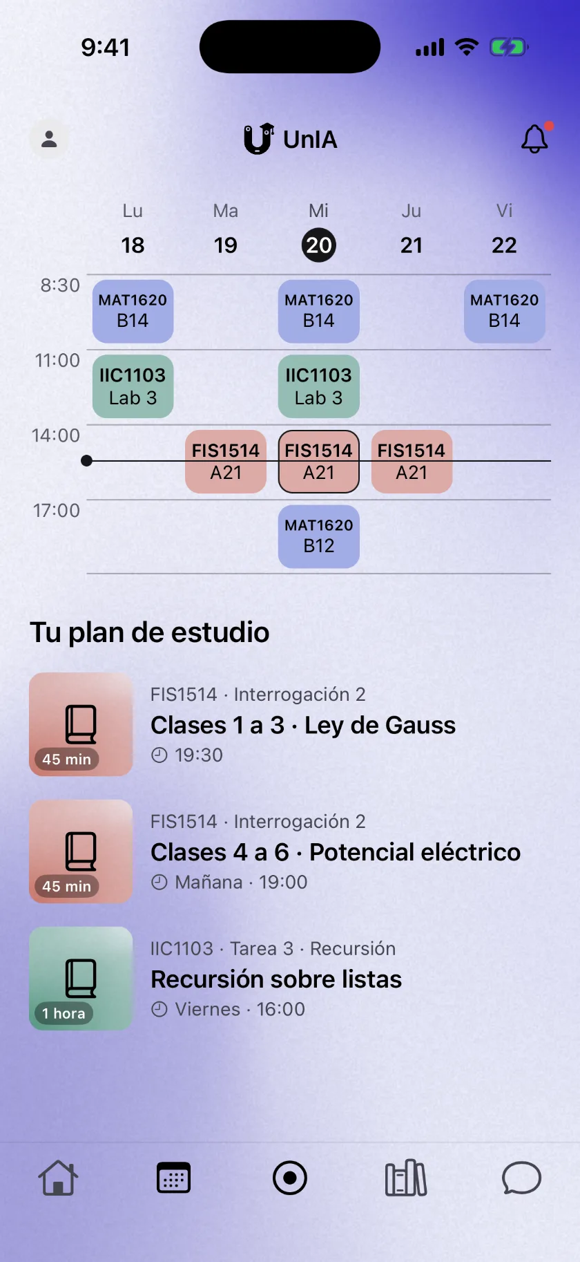 Horario semanal de UnIA con las clases organizadas por día